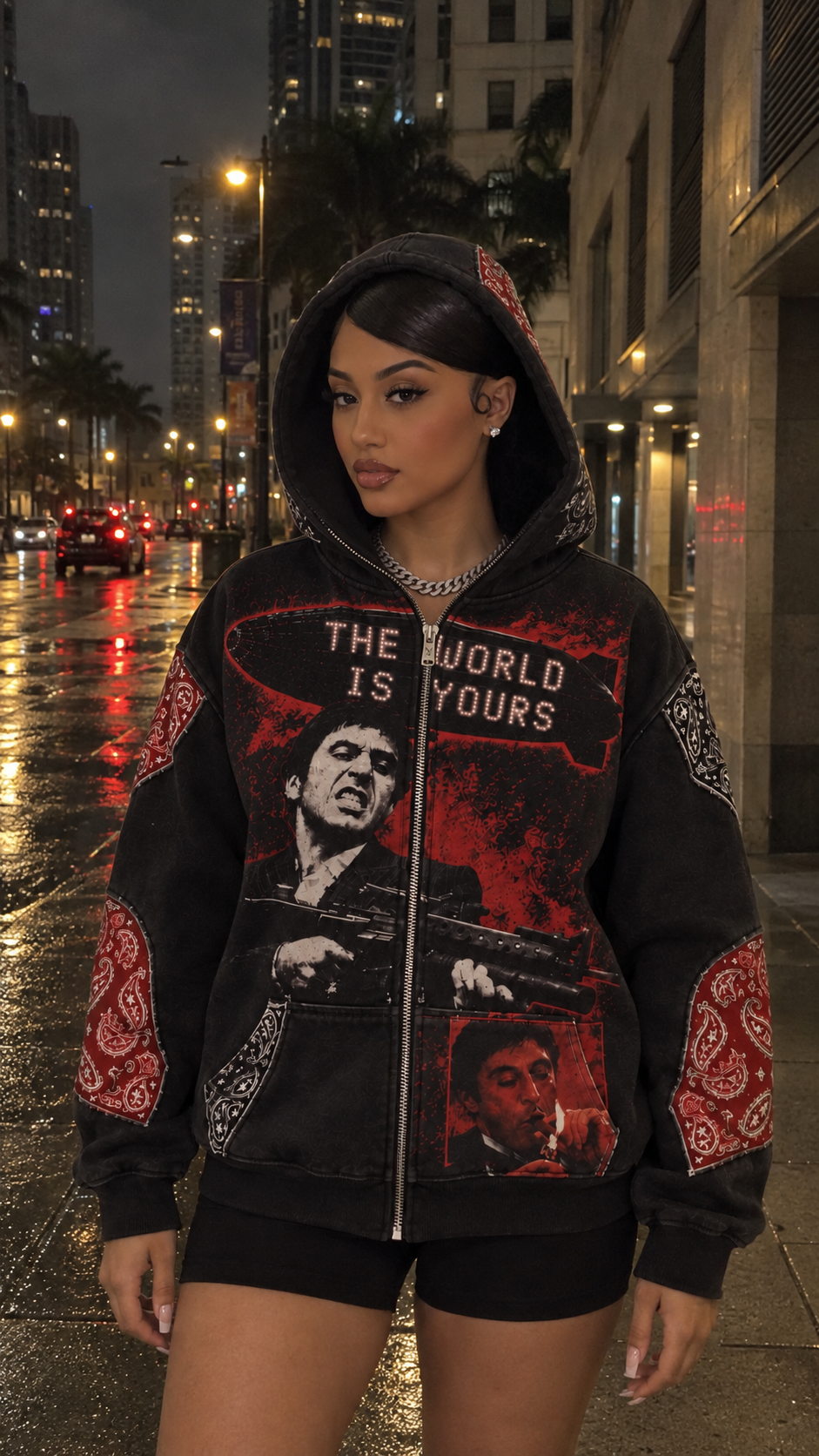 Scarface Hoods black full-zip hoodie styled in Miami at night
